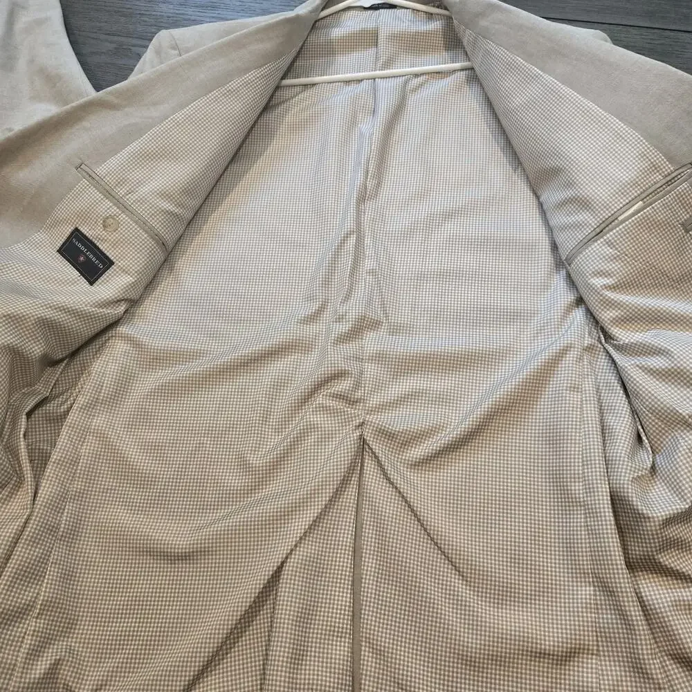 Saddlebred Mens Blazer 48R Beige Tan 100% Cotton 2-Button Sport Coat Gingham